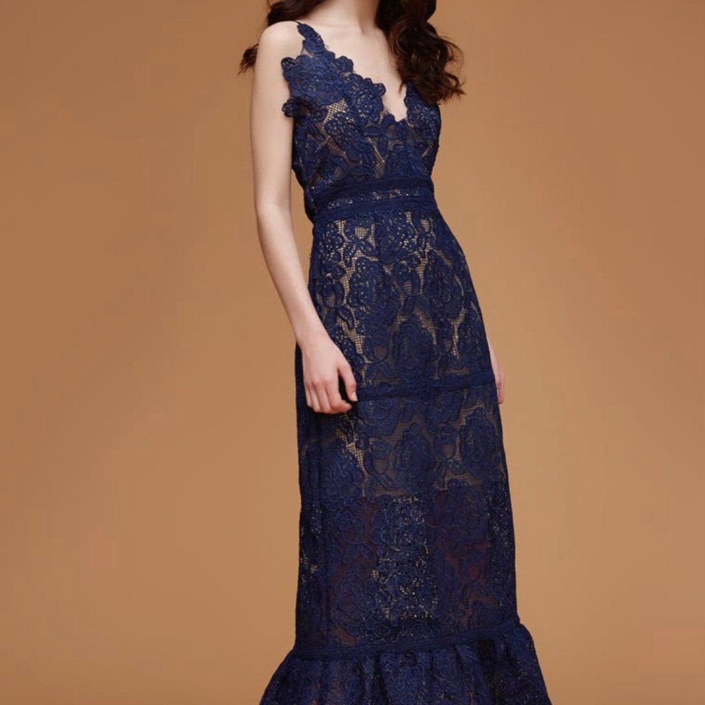Foxiedox Majorie Midi Navy Lace Dress (Size Small)